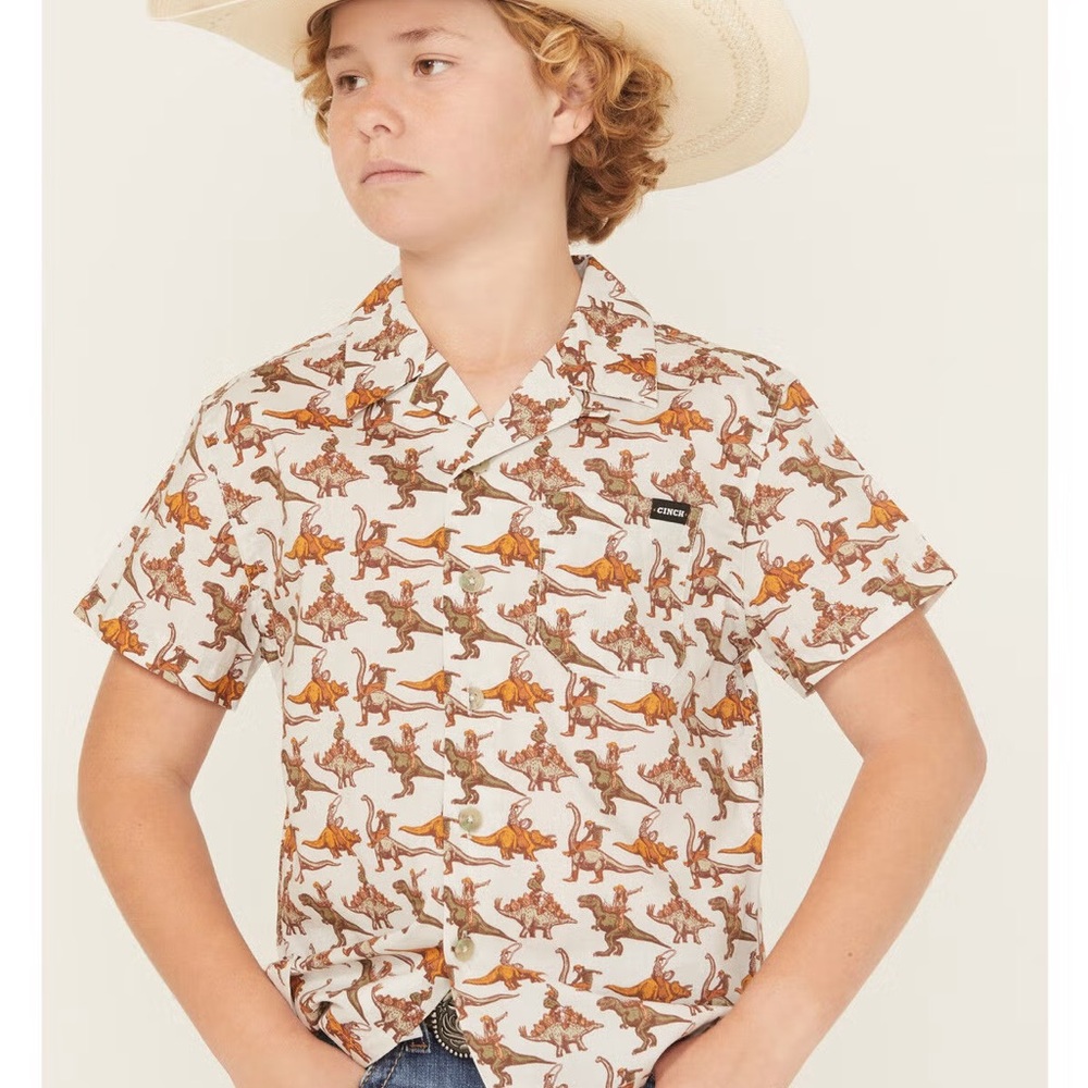 Cinch Kids Dinosaur Print Button Down Shirt - Cream and Brown